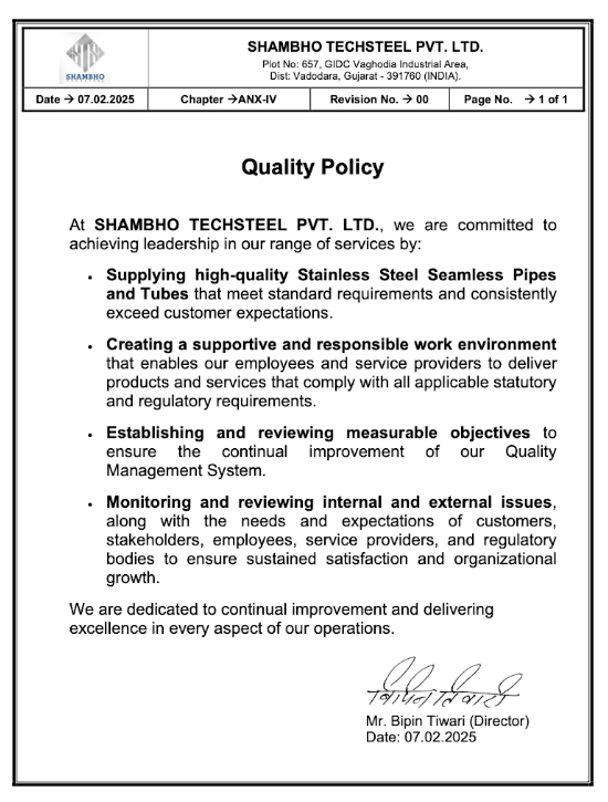 Shambho Techsteel quality policy